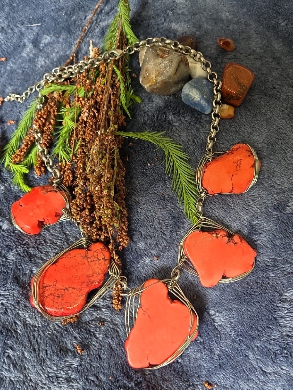 Red Turquoise Wrapped Chunky Slab Choker Necklace.
